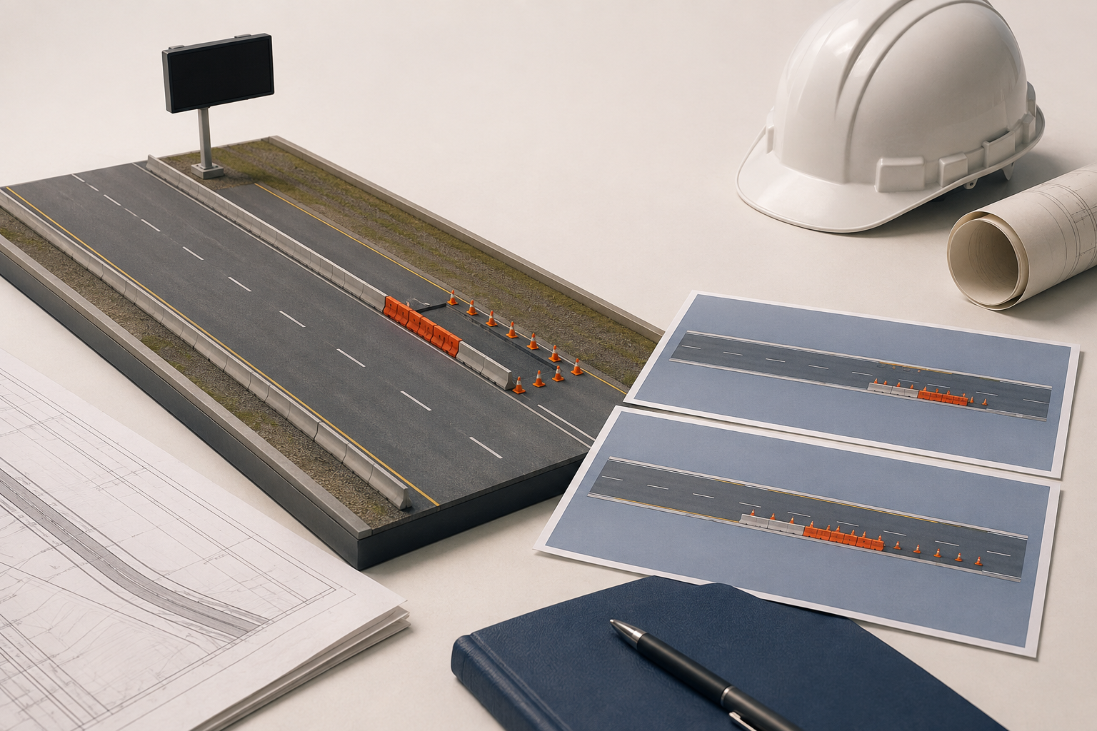施工占道道路模型、变更图纸与路侧提示设备示意图