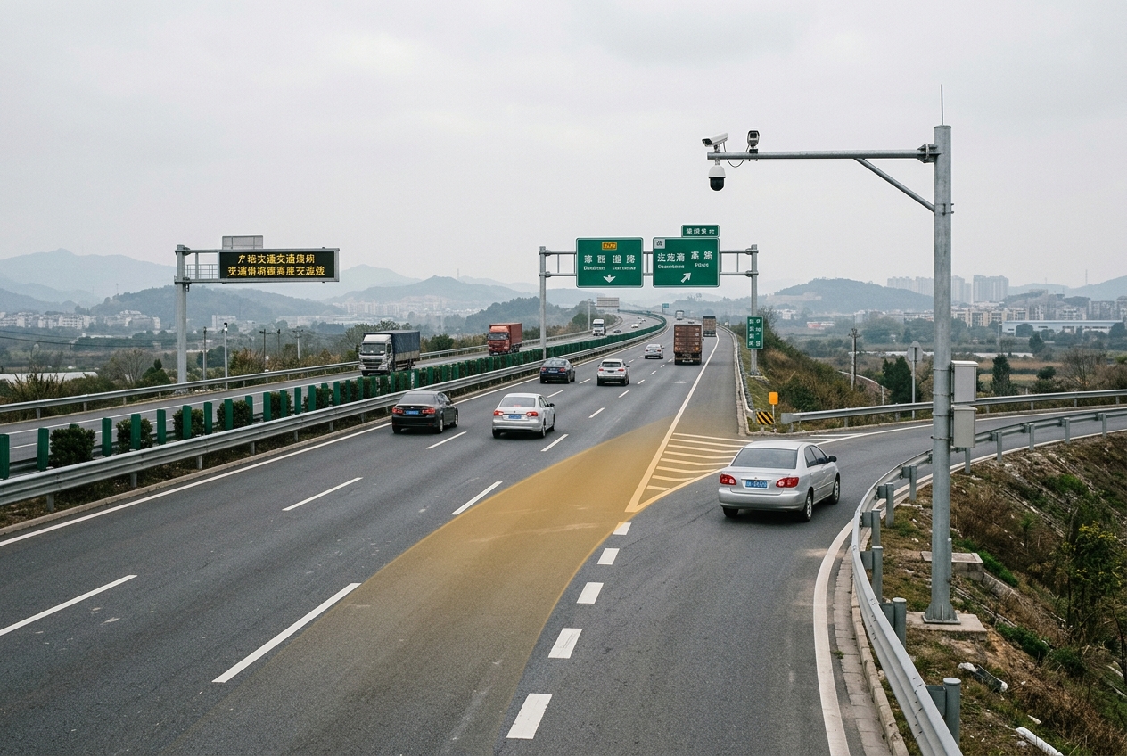 高速公路入口匝道合流区与路侧感知、门架协同标志的写实场景示意图