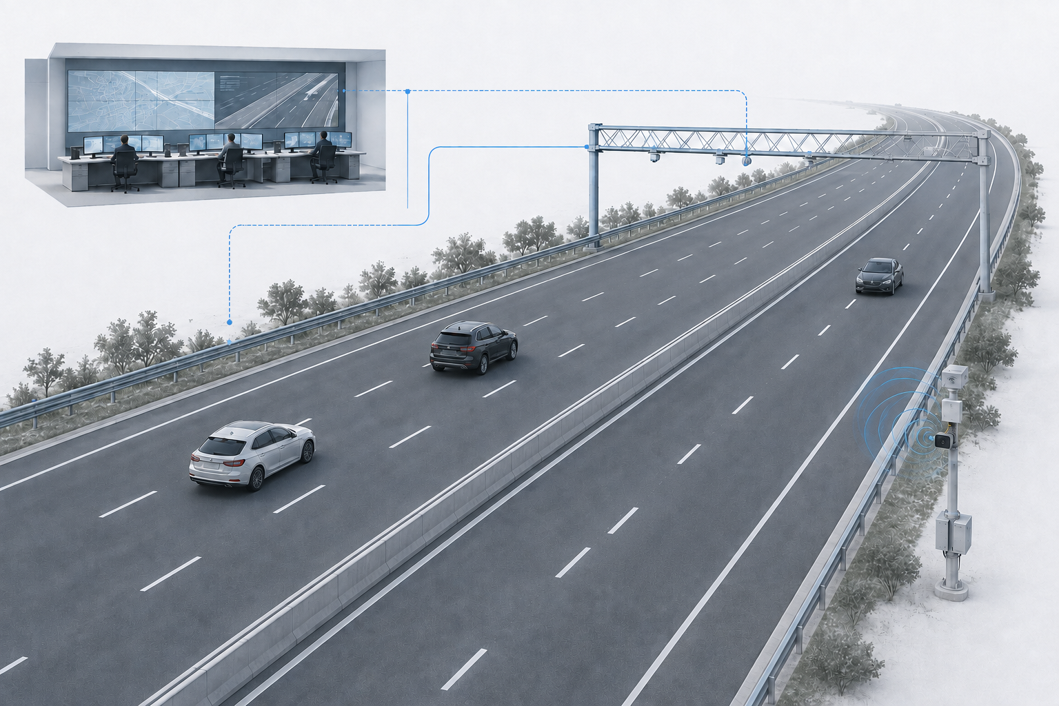 高速公路主线、路侧感知设备与运行中心的建设范围示意图